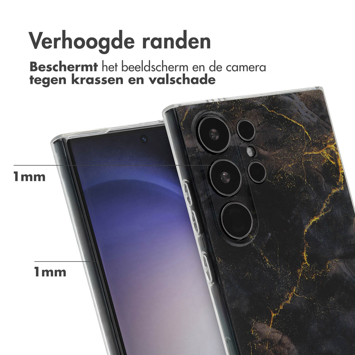 Telefoonhoesje met marmerdesign, toont het scherm van de telefoon.