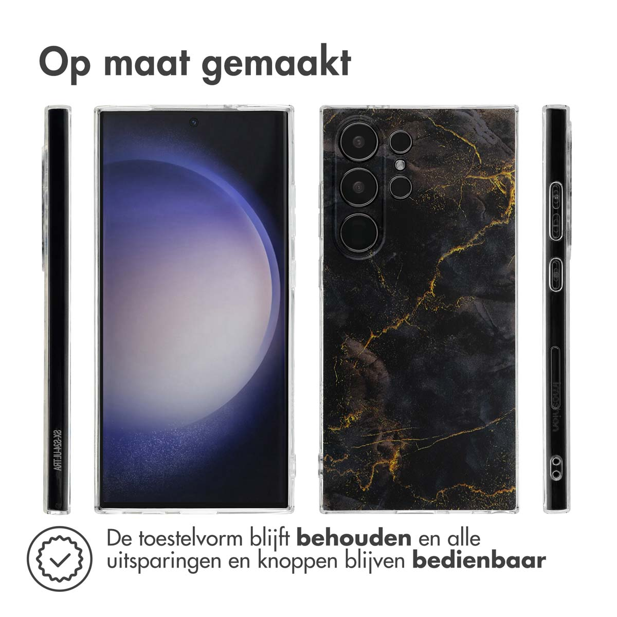 Telefoonhoesje met marmerdesign. Bedekt de telefoon en heeft uitsparingen voor knoppen.