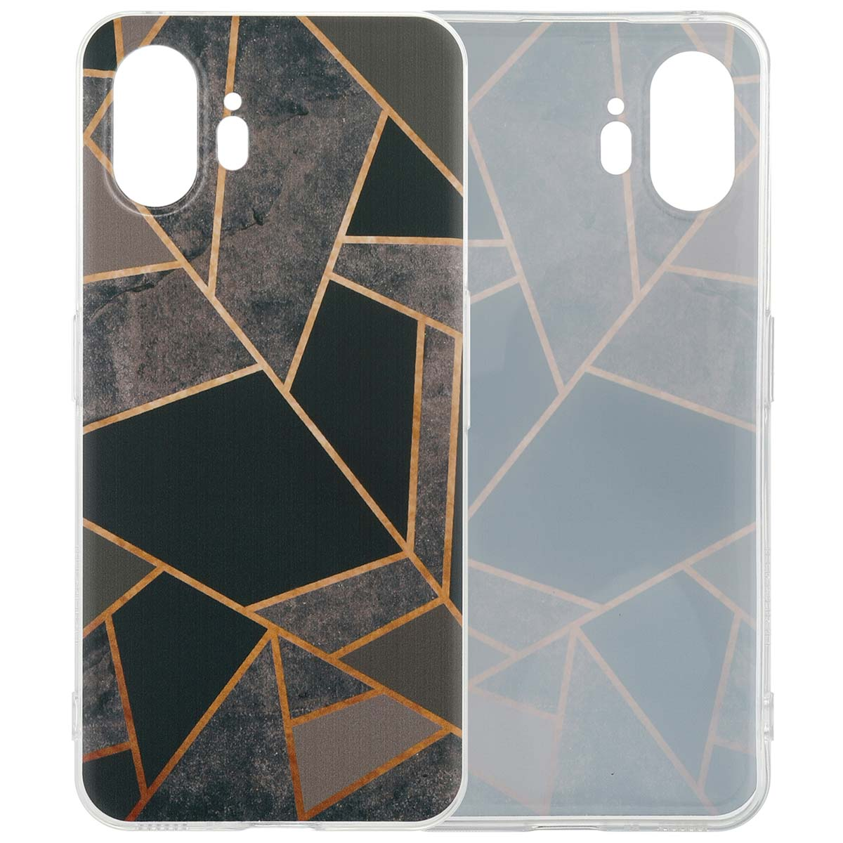 Telefoonhoesje met geometrisch patroon in donkergrijs en goud. Telefoon zit in een transparante hoes.