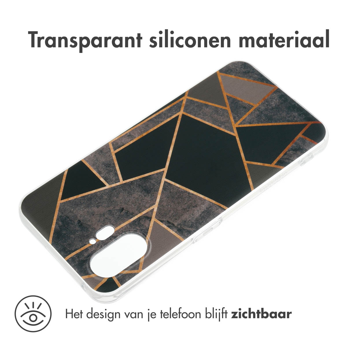 Transparante telefoonhoes met een geometrisch zwart, grijs en goud patroon. Telefoon zit erin.