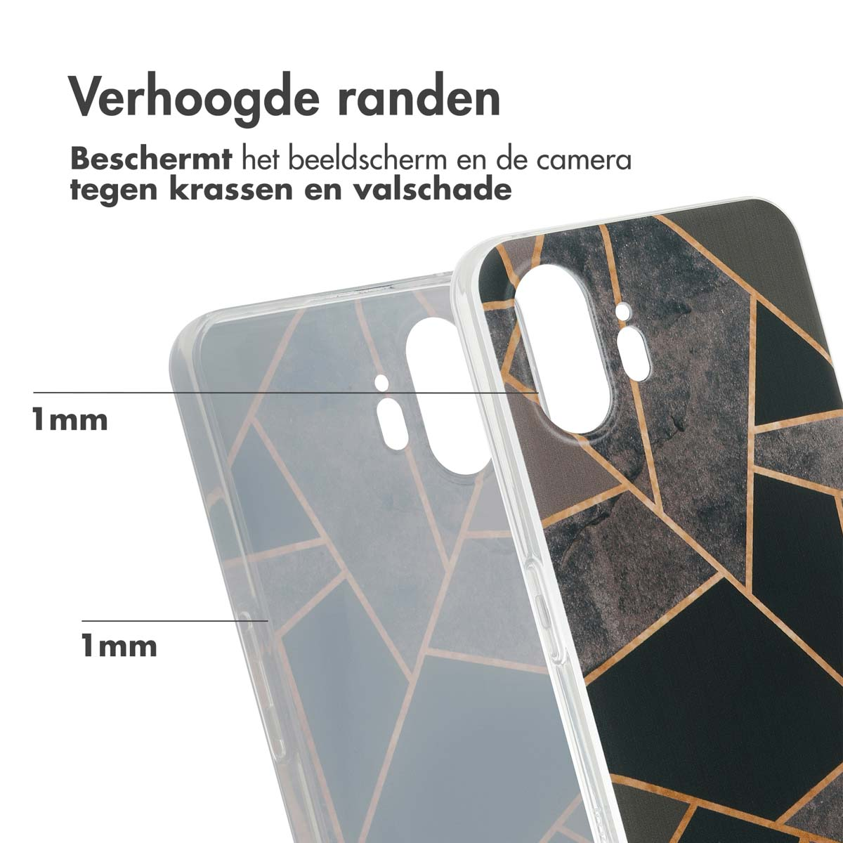 Telefoonhoes met geometrisch patroon. Verhoogde randen beschermen scherm.