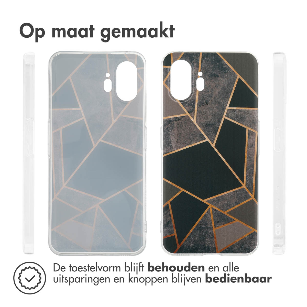 Twee telefoonhoesjes. Eén doorzichtig, één met patroon. Geometrisch design met gouden accenten. Vorm behouden.
