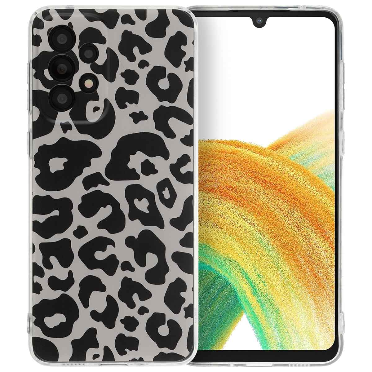 Coque avec imprimé léopard, couvrant un smartphone.