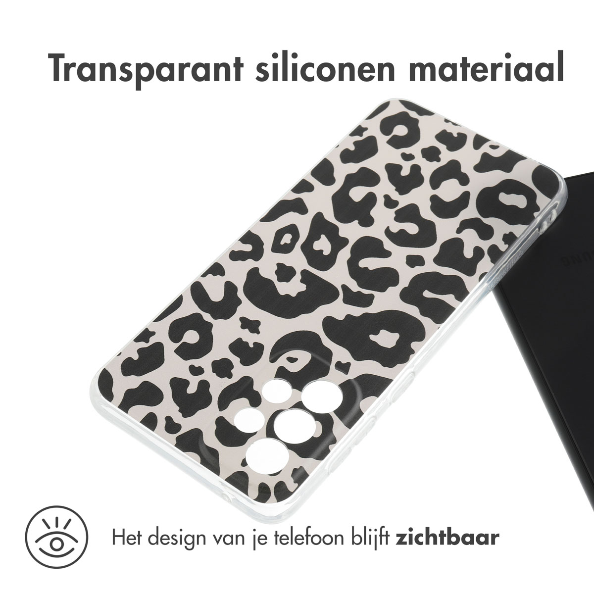 Coque de téléphone transparente avec imprimé léopard. Un téléphone est visible.