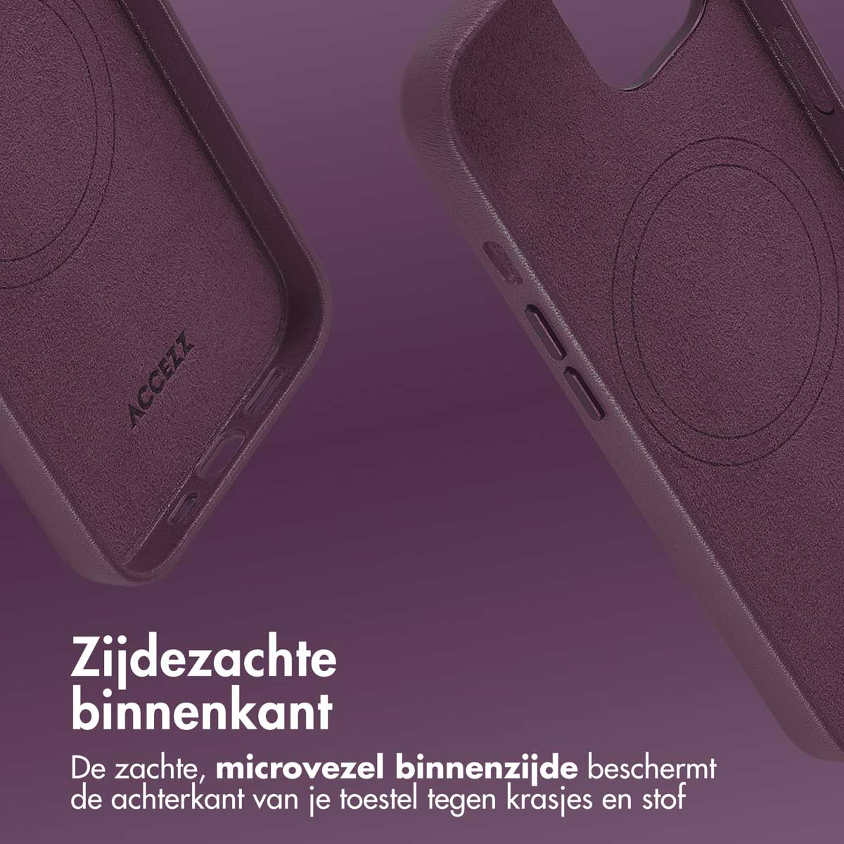 Paarse telefoonhoes binnenkant, zachte microvezel beschermt de achterkant tegen krassen en stof.