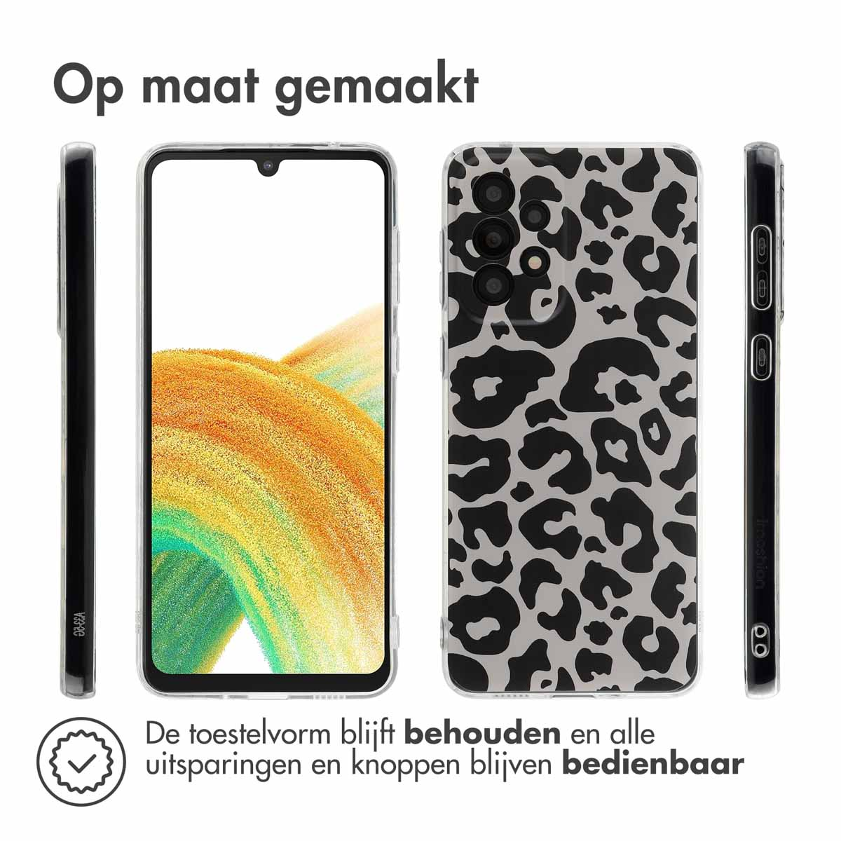 Coque de téléphone avec imprimé léopard. Coque transparente, téléphone, vue latérale et arrière.