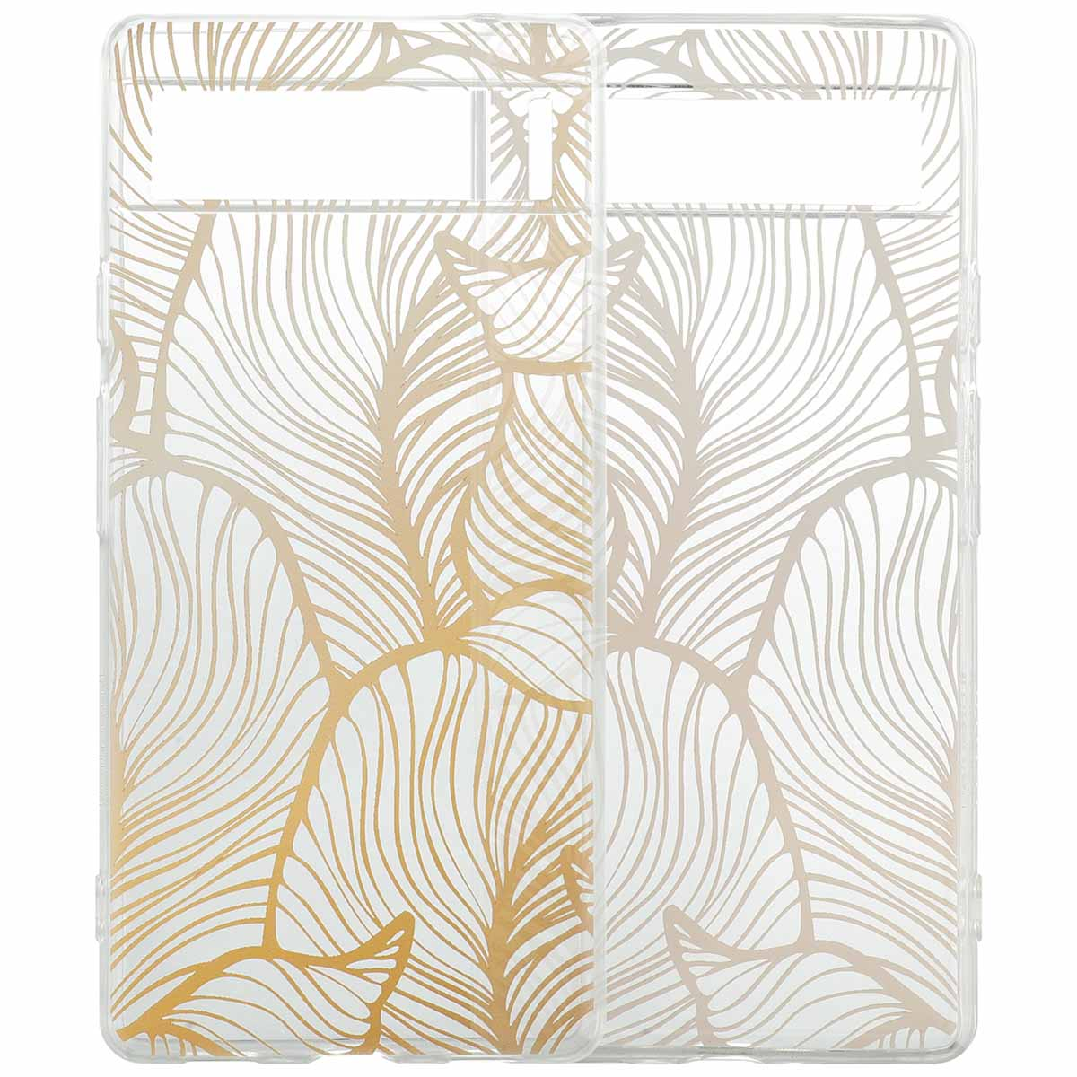 Twee telefoonhoesjes. Beide zijn transparant met een bladerenpatroon. De achtergrond is wit.