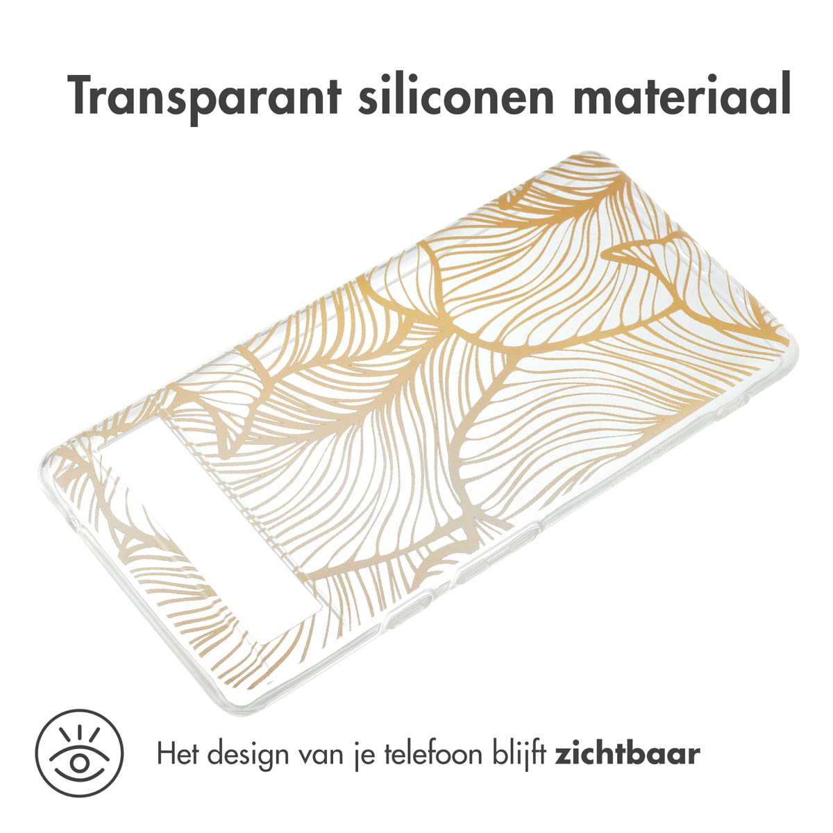 Transparant telefoonhoesje met een goudkleurig bladerdesign, de telefoon erin tonend. Tekst: Transparant siliconen materiaal.
