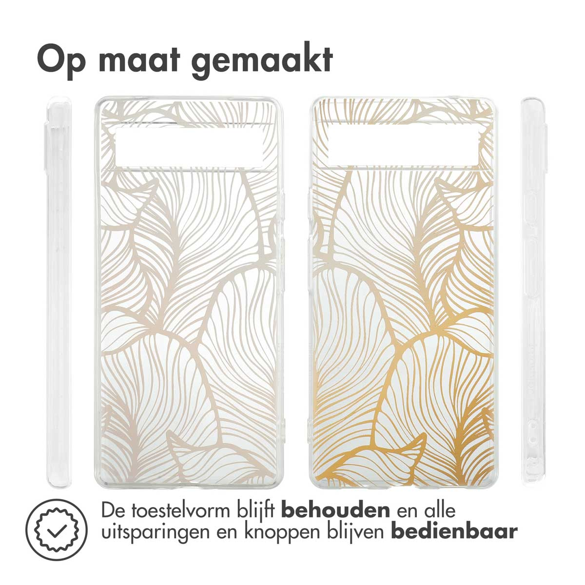 Telefoonhoesjes met bladerpatronen. Eén is transparant, de andere heeft een gouden bladerpatroon op een lichte achtergrond.