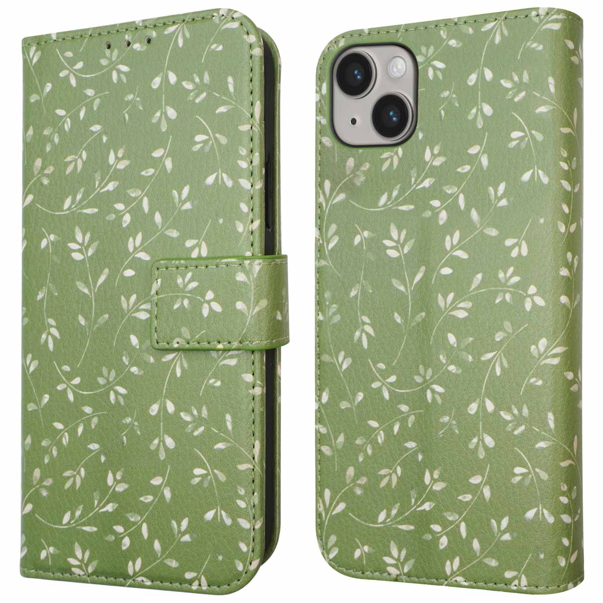 Groene folio telefoonhoes met bladeren. Opengeklapt, binnenkant zichtbaar.