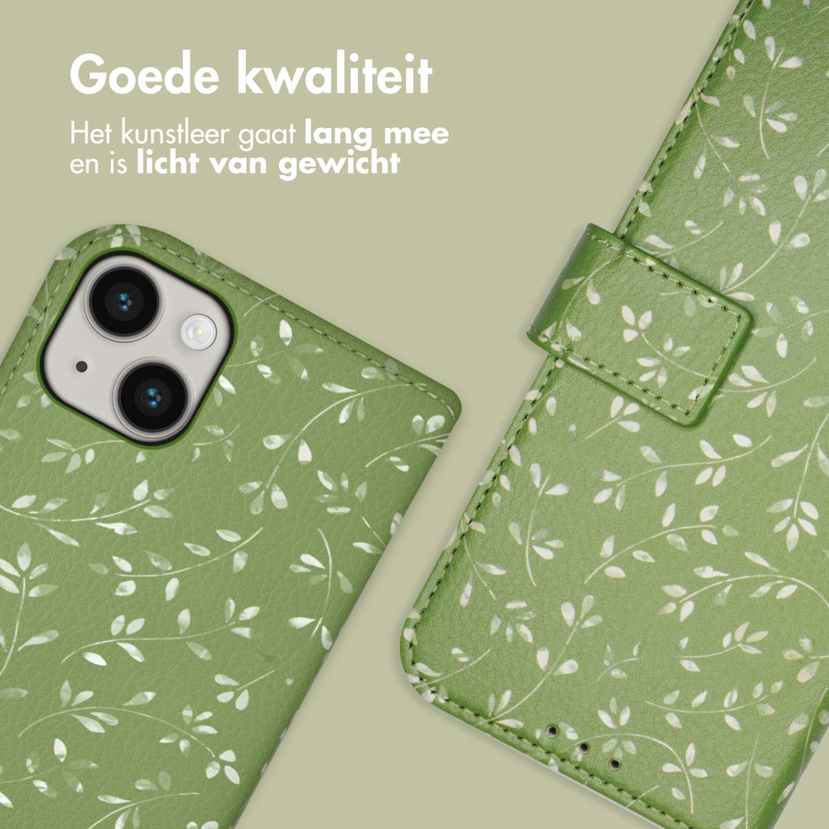 Groene leren telefoonhoes, met een bladerenpatroon. De telefoonhoes is open. De achtergrond is neutraal.