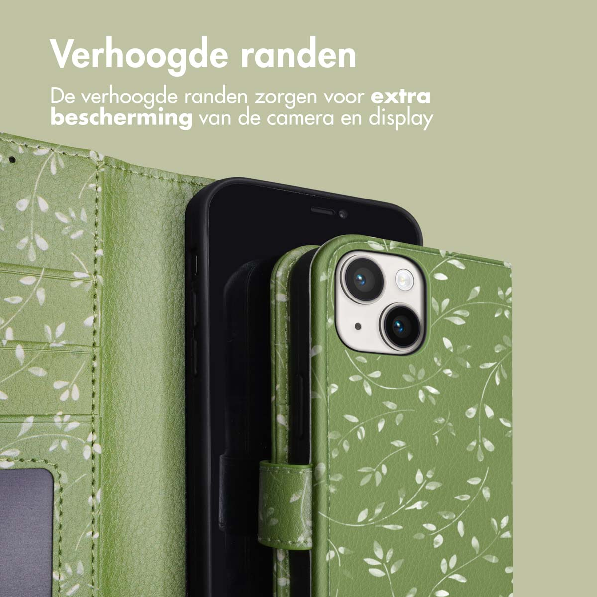 Groene telefoonhoes open, met een telefoon. Wit bladerpatroon, met tekst erboven.