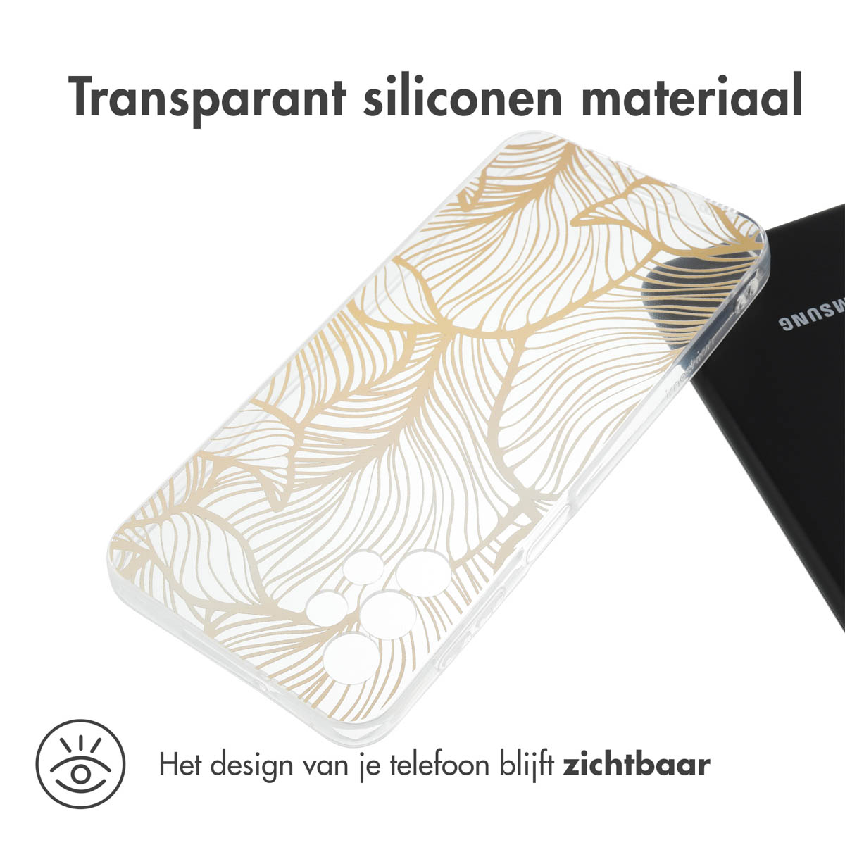 Transparant telefoonhoesje met gouden bladerenpatroon, het telefoonontwerp is zichtbaar.