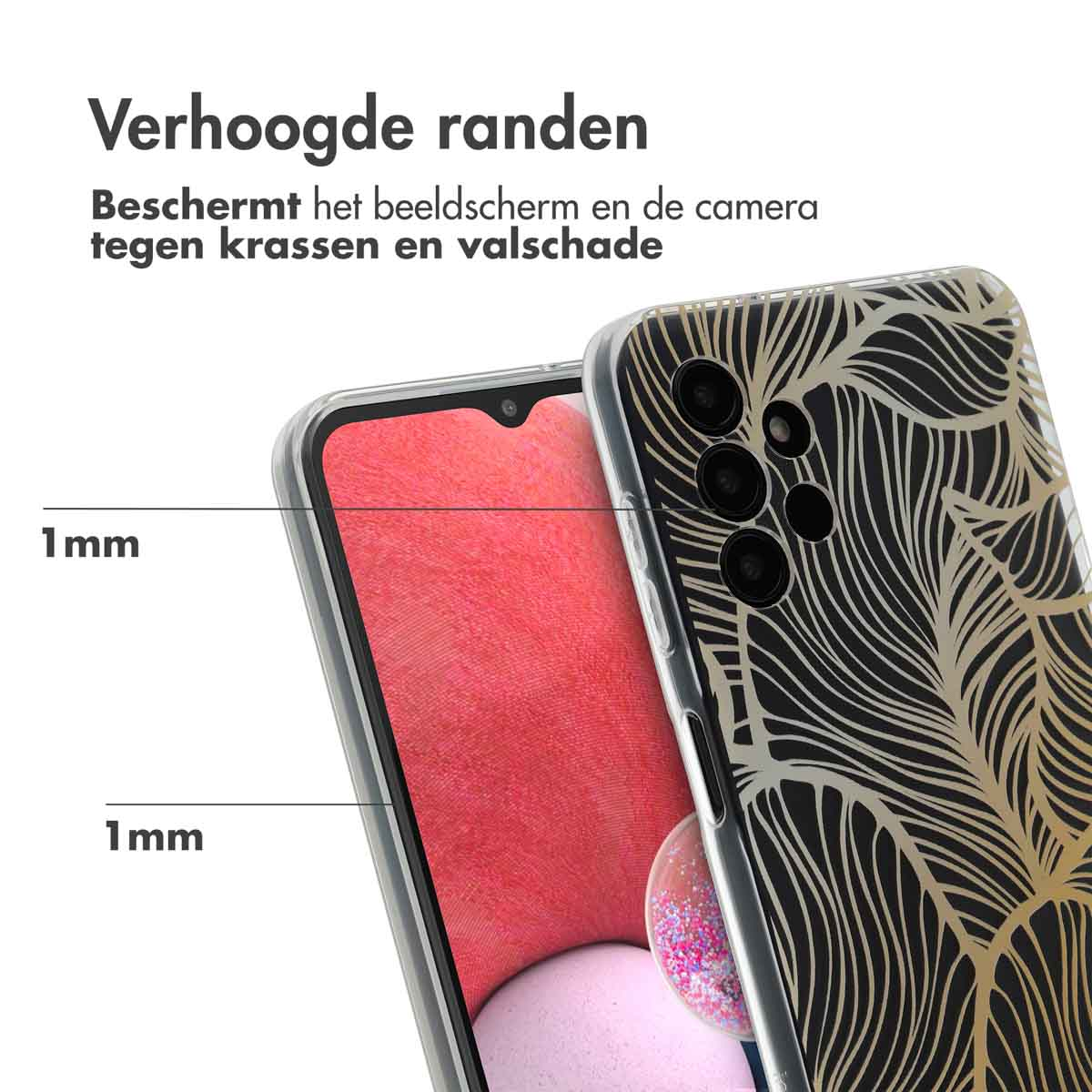 Telefoonhoesje met een bladgoud ontwerp, beschermt een telefoon.
