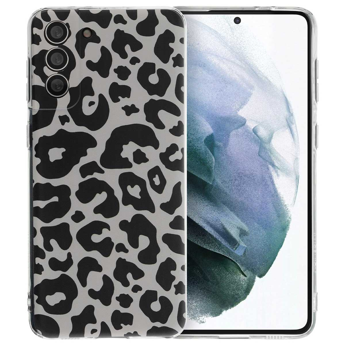 Telefoonhoesje met luipaardprint, bedekt een telefoon. De camera's zijn zichtbaar.