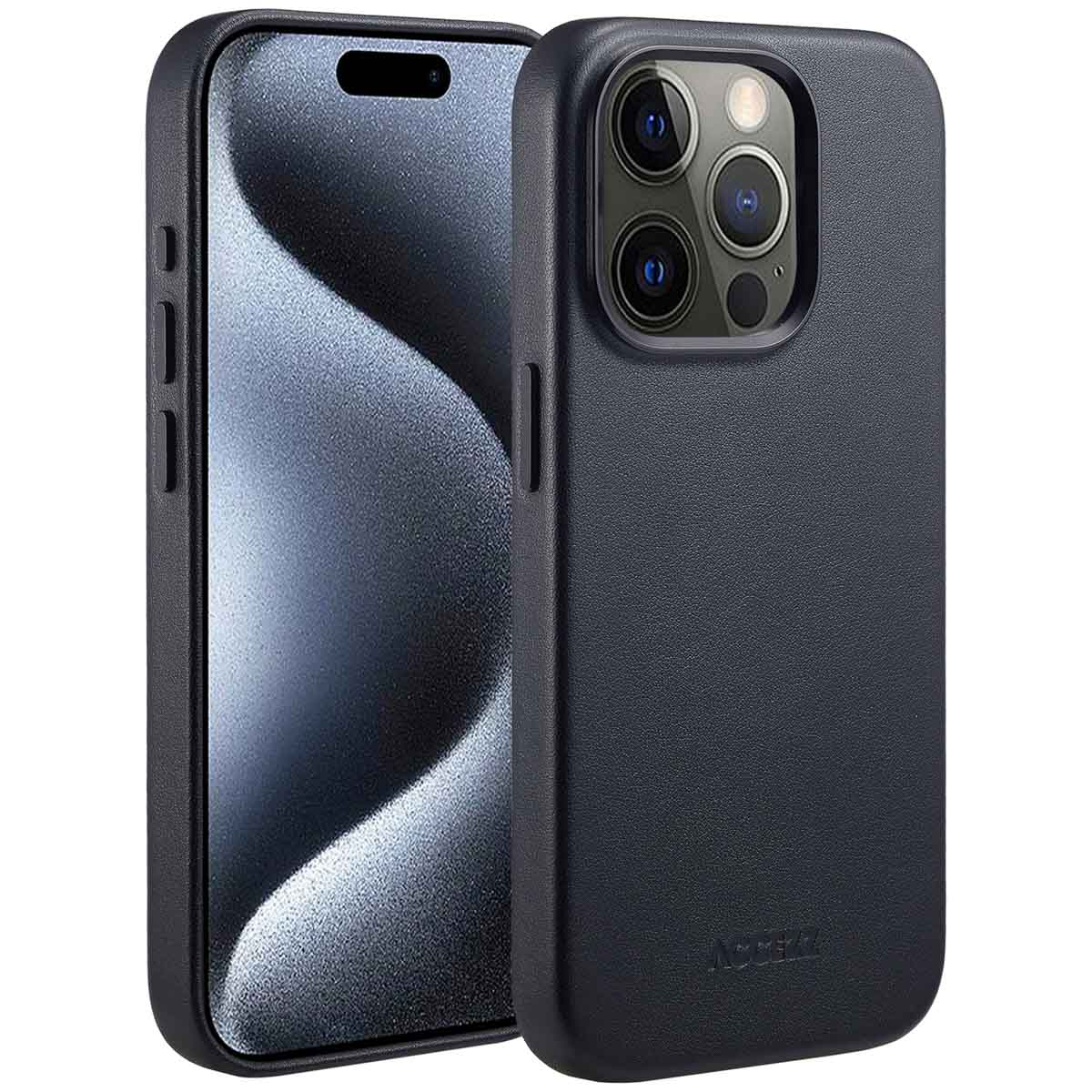 Schwarze Handyhülle auf einem Telefon. Die Hülle ist lederartig und schützt das Telefon.