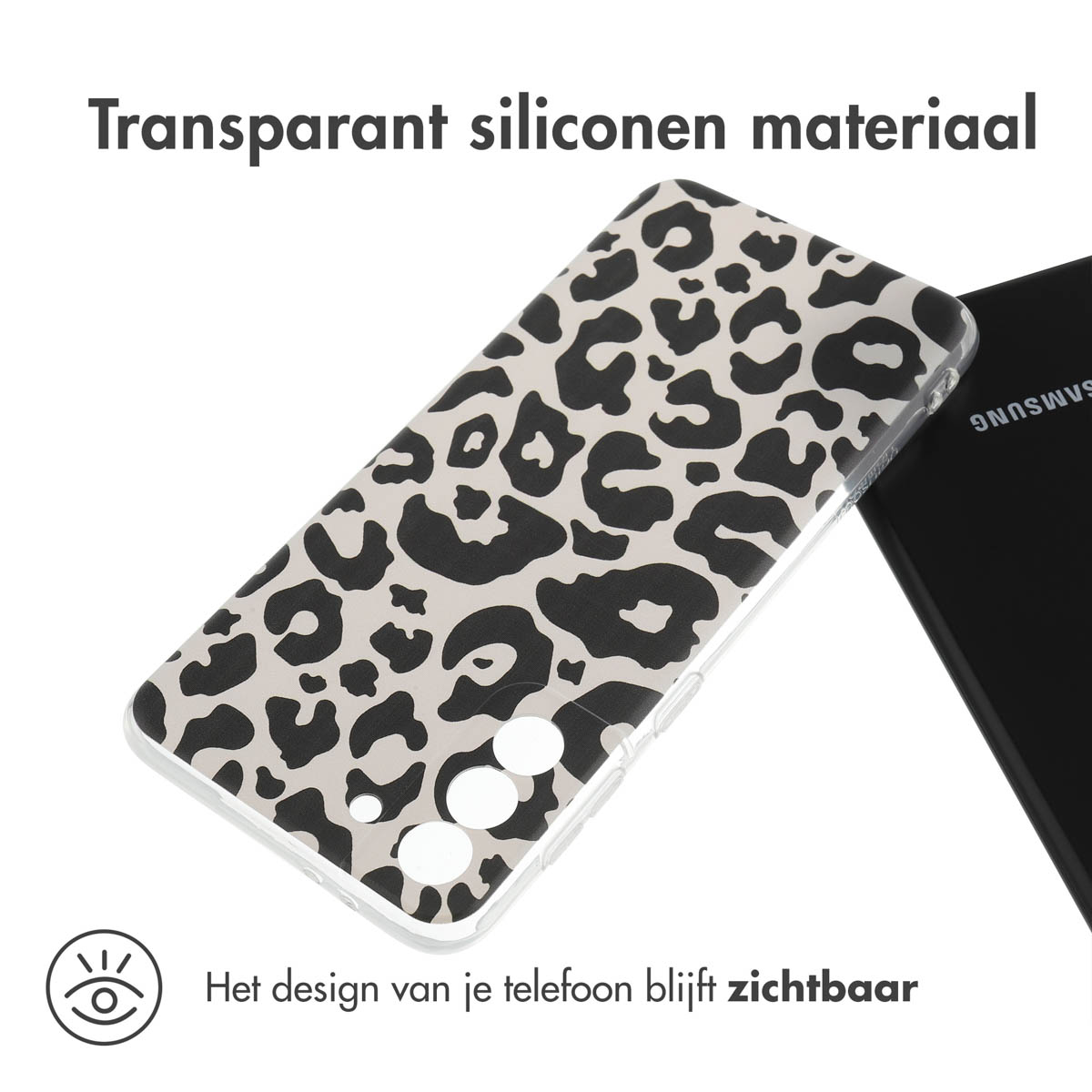 Transparante telefoonhoes met een luipaardprint. De telefoon staat aan de rechterkant.