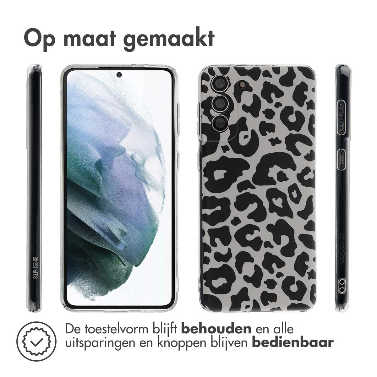 Telefoonhoes met een luipaardprint. Telefoon is zichtbaar.