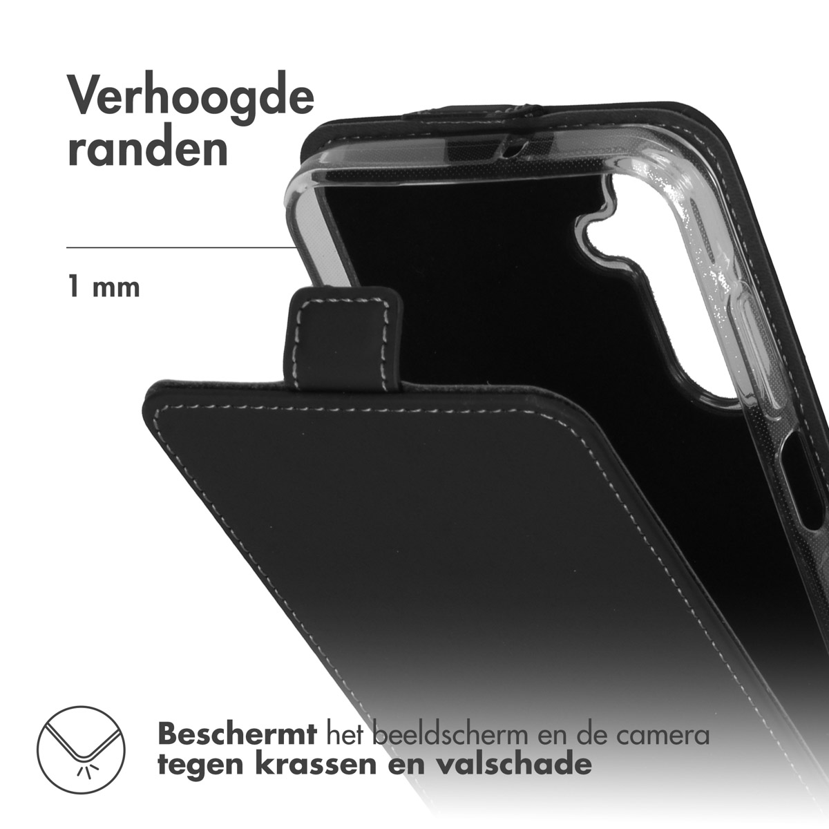 Zwarte telefoonhoes met verhoogde randen, gedeeltelijk geopend. Het scherm is zichtbaar. Witte achtergrond.