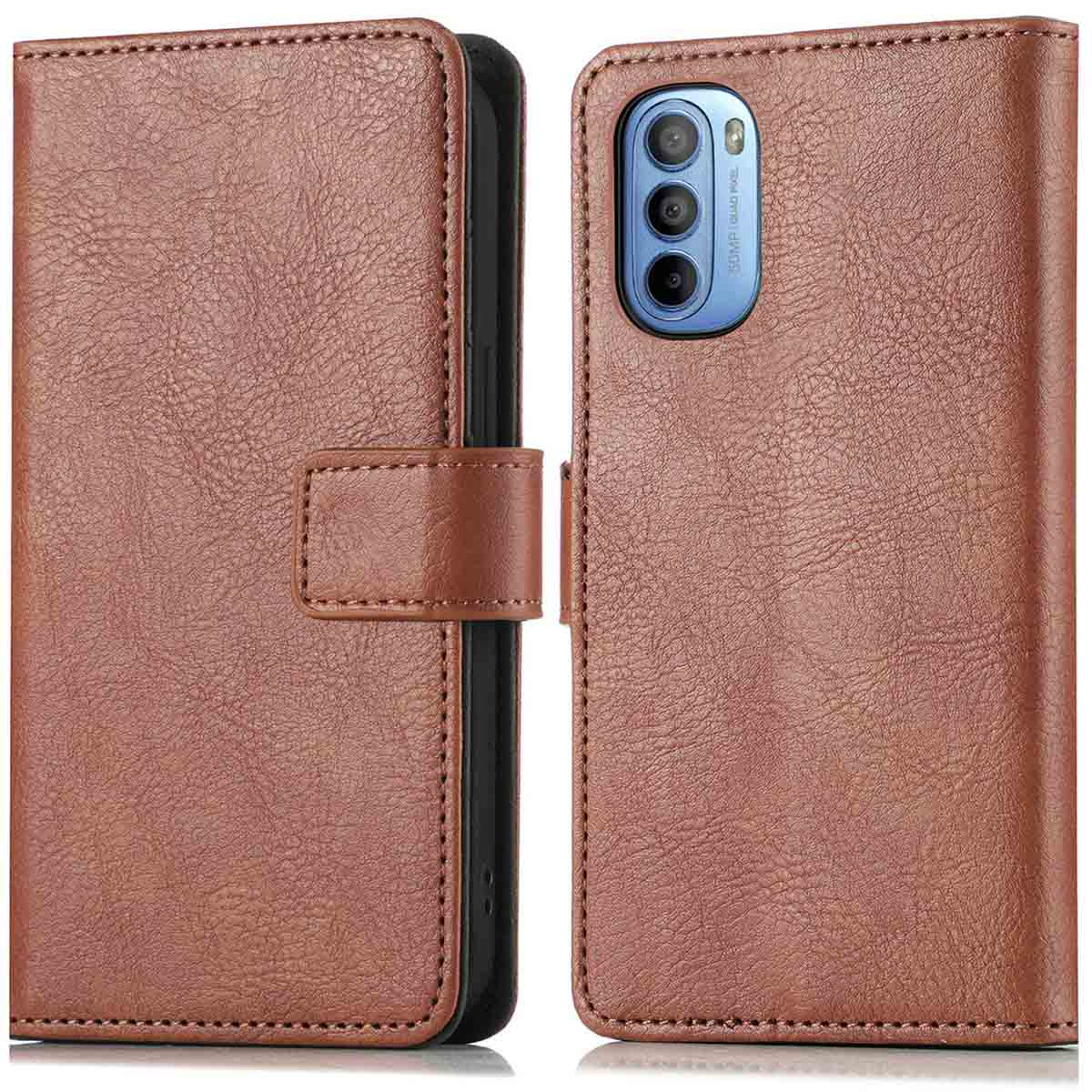 Bruin leren telefoonhoesje, open. Telefoon zit in de hoes. De achtergrond is een neutrale kleur.