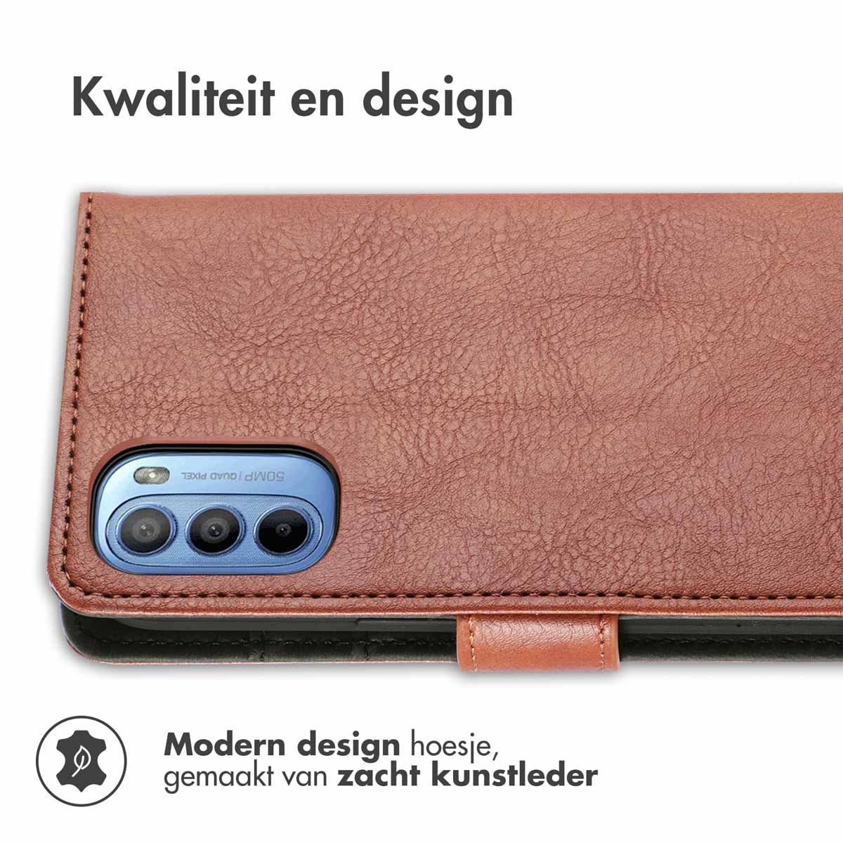 Bruine leren telefoonhoes. Modern design. De hoes is open.