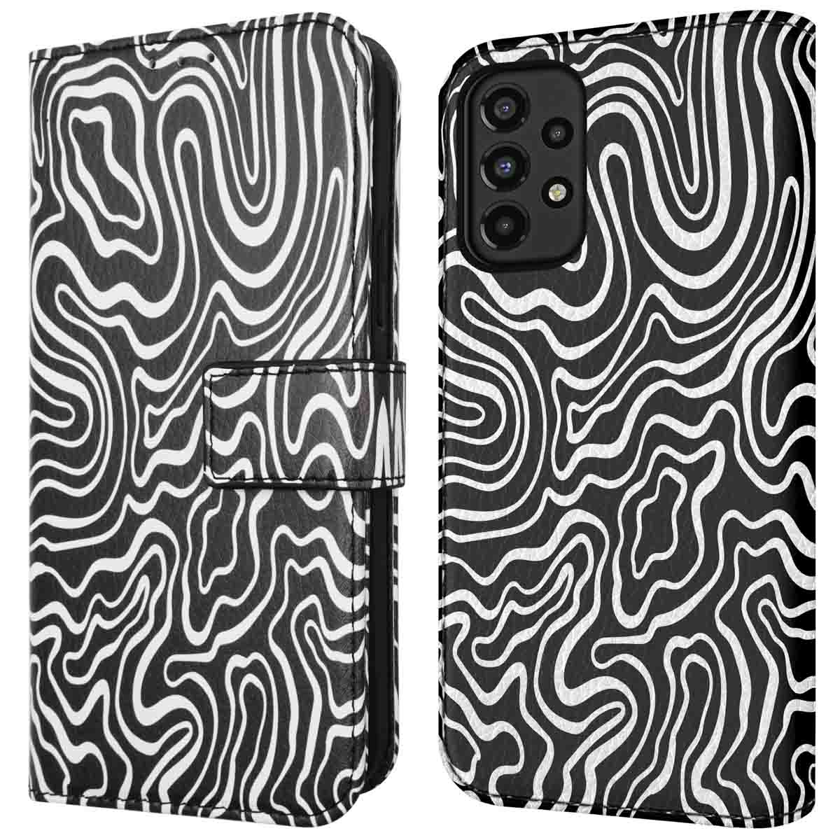 Coque de téléphone avec un motif ondulé noir et blanc. La coque est ouverte avec le téléphone à l'intérieur.