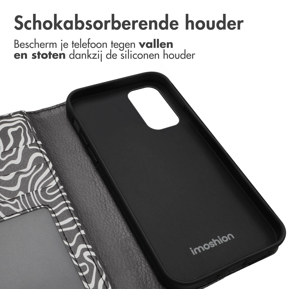 Coque noire, ouverte, montrant le téléphone et son intérieur.