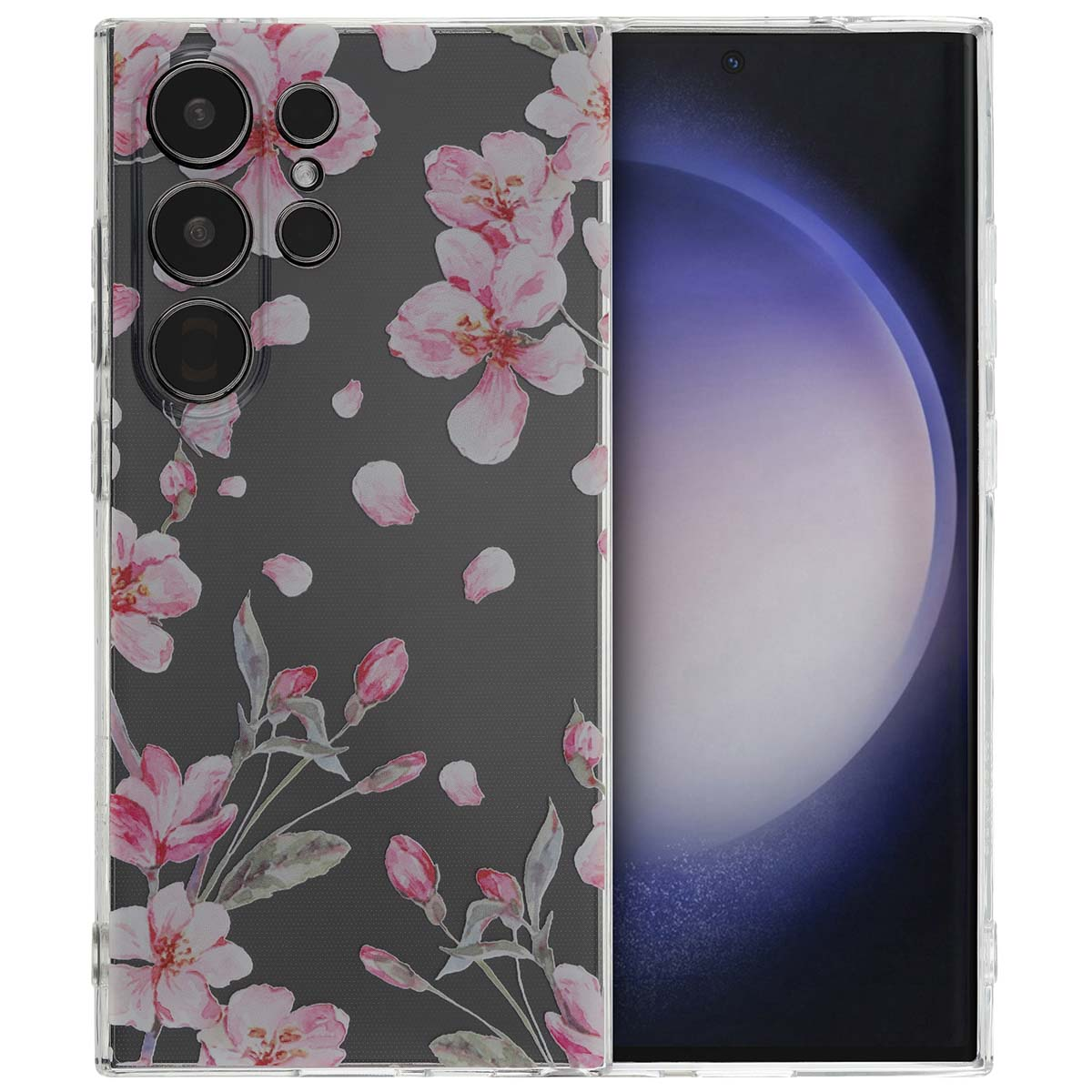 Coque de téléphone avec un motif floral. Le téléphone est dans la coque. Le fond est blanc.