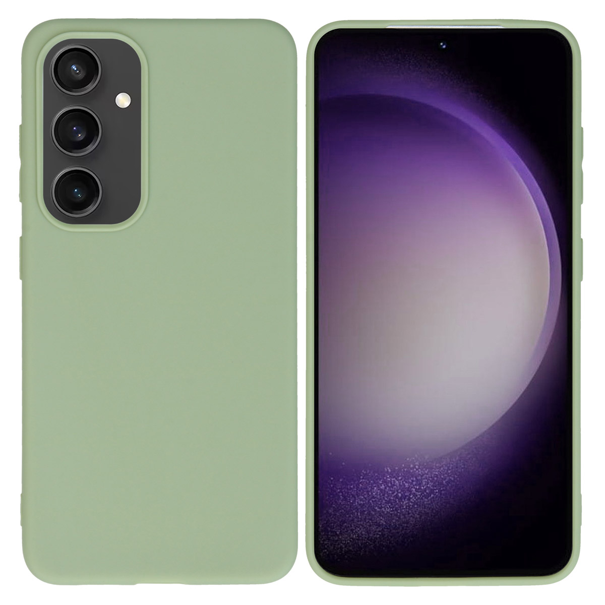 Coque de téléphone verte avec un téléphone à l'intérieur. Le téléphone a trois lentilles d'appareil photo.