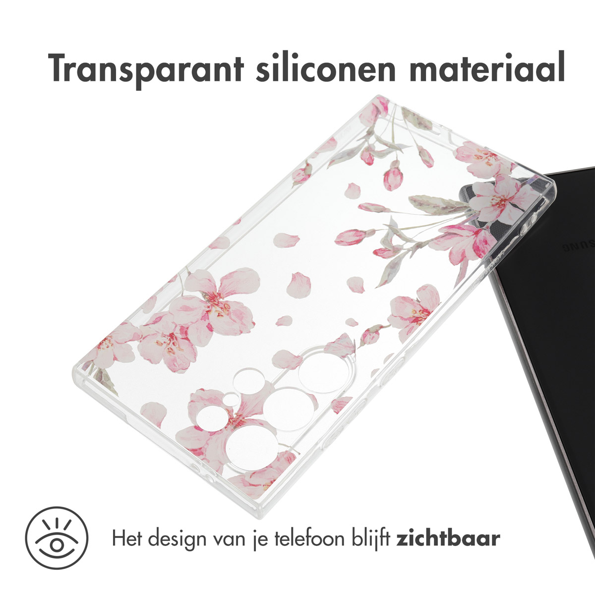 Coque transparente avec motif fleurs roses. Design du téléphone visible.