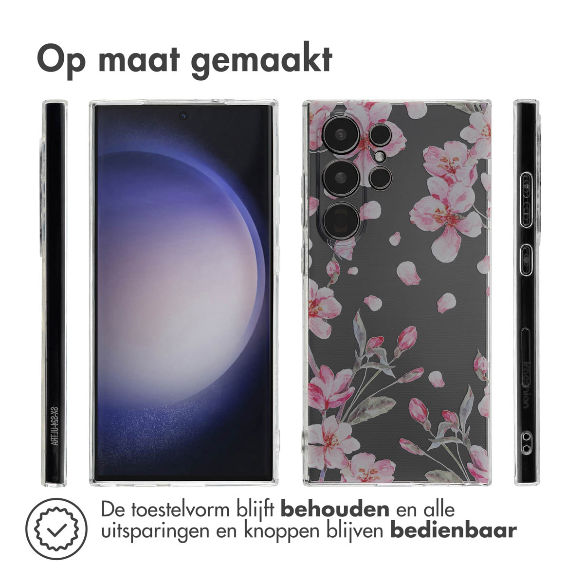 Coque de téléphone avec des fleurs de cerisier roses. Coque transparente avec un téléphone, vue latérale et arrière.