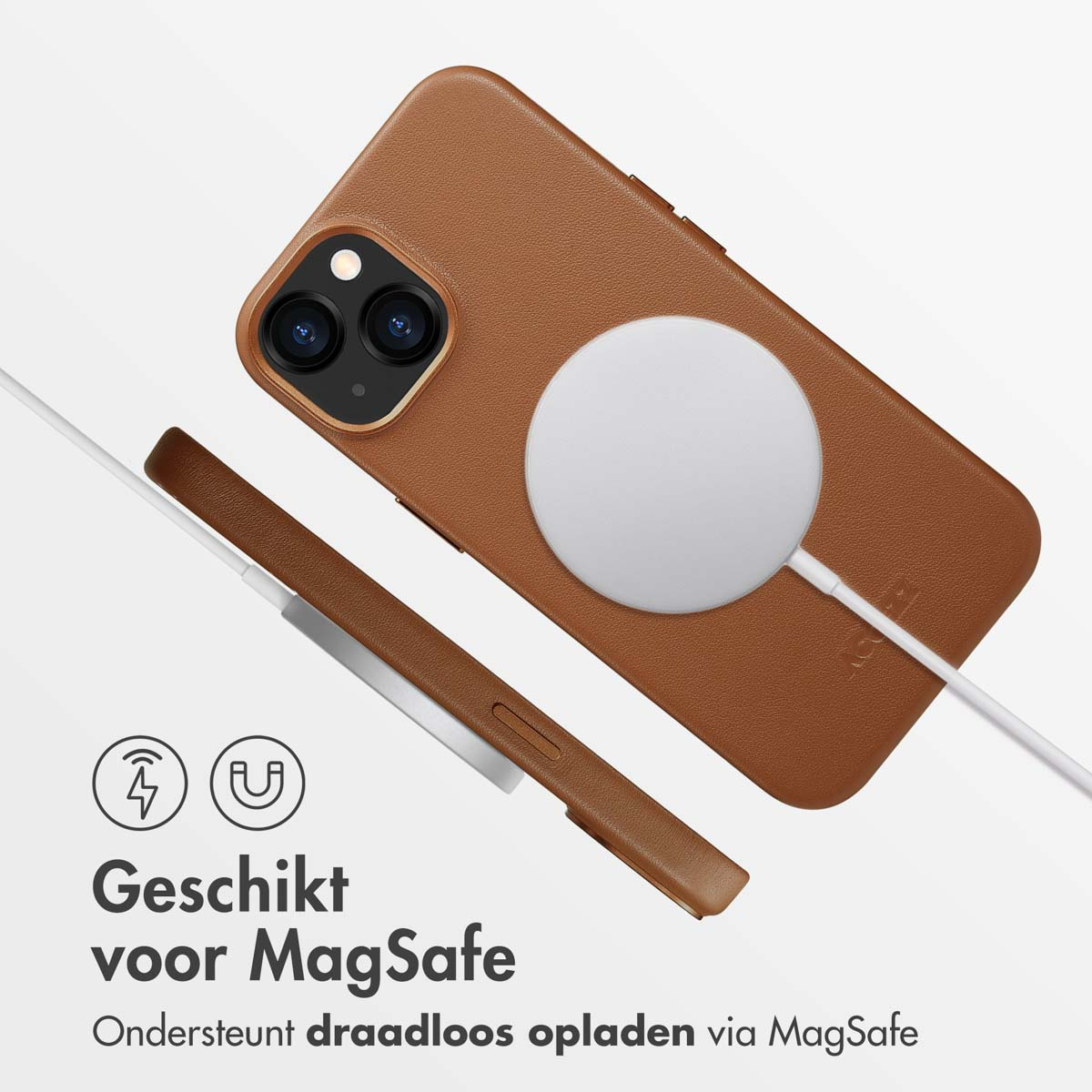 Coque de téléphone marron avec socle de recharge sans fil. Recharge sans fil.