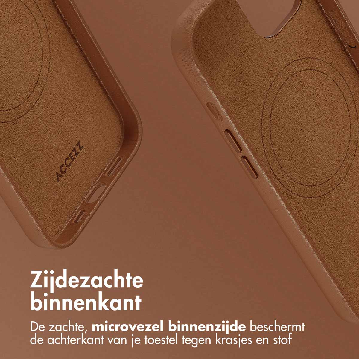 Gros plan de l'intérieur d'un étui de téléphone en cuir marron. Texte : 'Intérieur soyeux'.