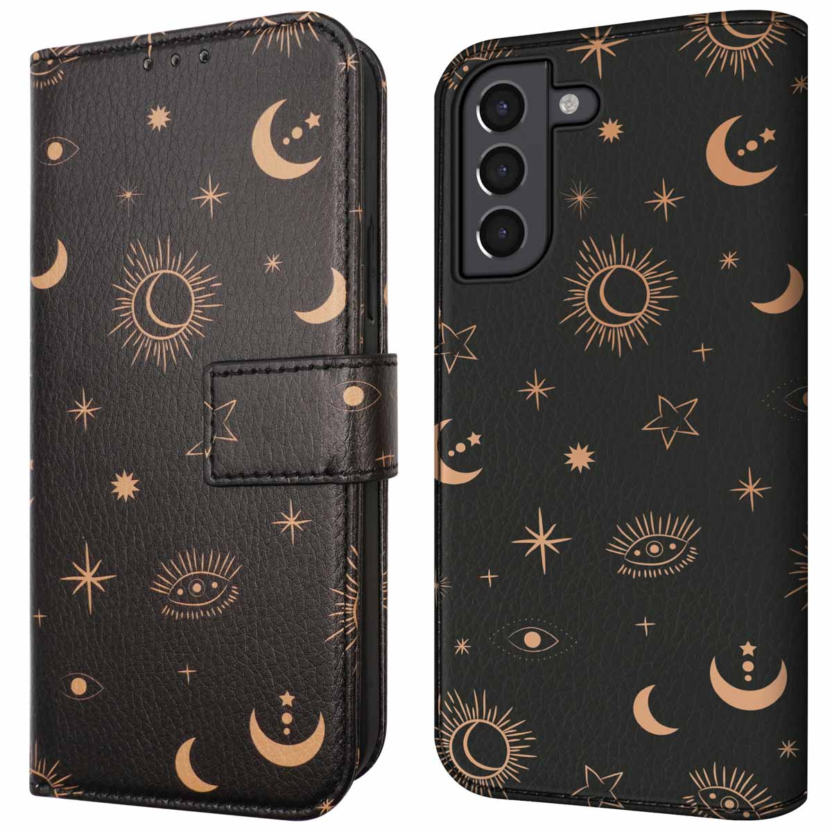 Zwarte telefoonhoes met gouden hemelpatroon. Open telefoonhoes met zichtbare telefoon. Donkere achtergrond.