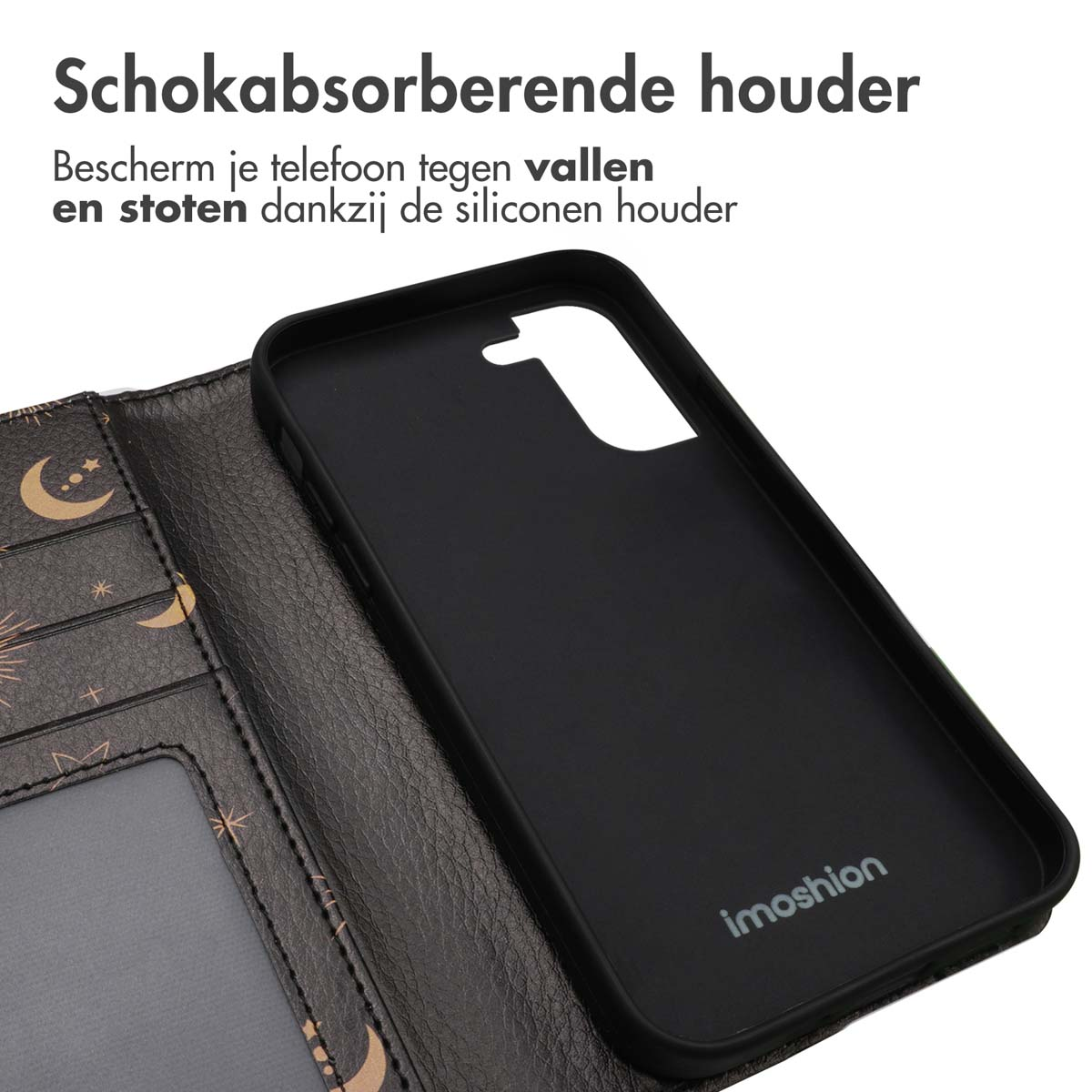 Zwarte telefoonhoes, open. Toont binnenkant. Leren buitenkant.