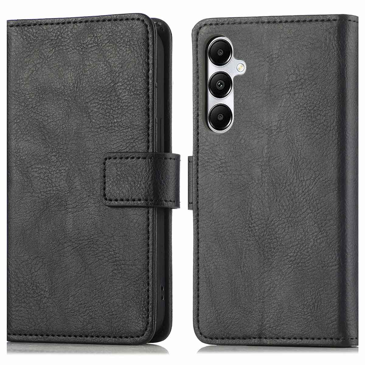 Zwart leren telefoonhoesje, open, toont de telefoon erin.