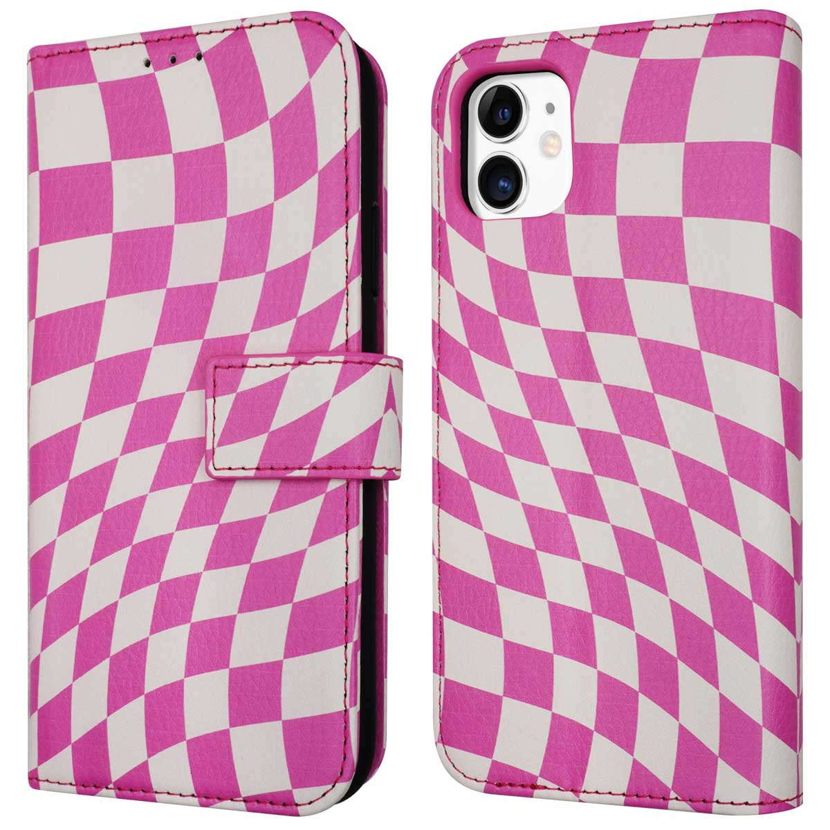 Roze en witte geblokte telefoonhoes. Open, onthult een telefoon.