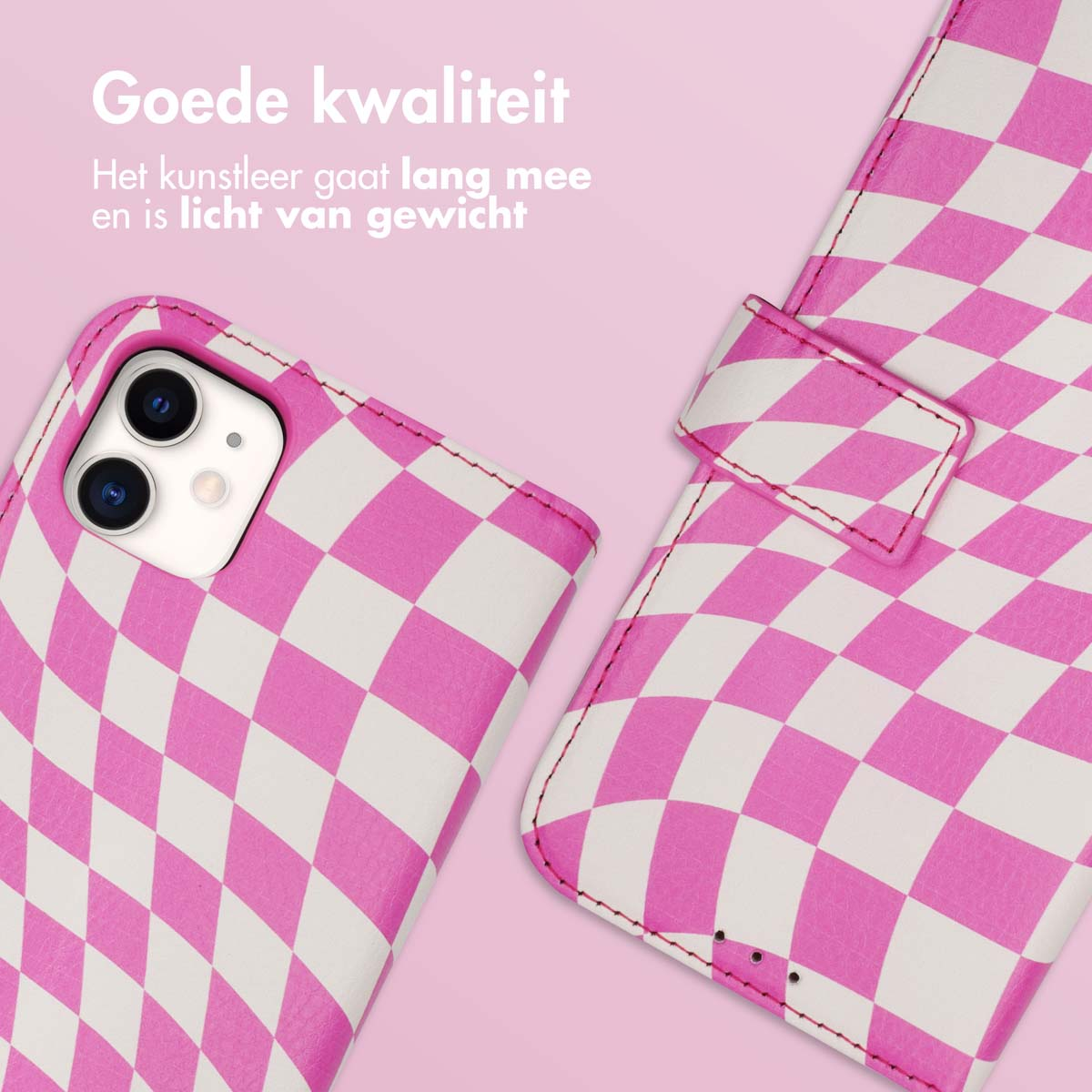 Roze en witte geruite telefoonhoes, met een bijpassende open hoes.