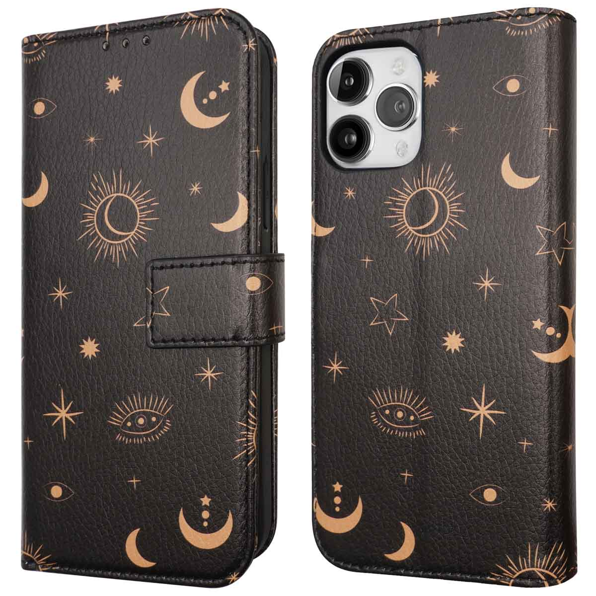 Telefoonhoesje met hemels design. Zwarte hoes met gouden manen, sterren en ogen. Open hoesje.
