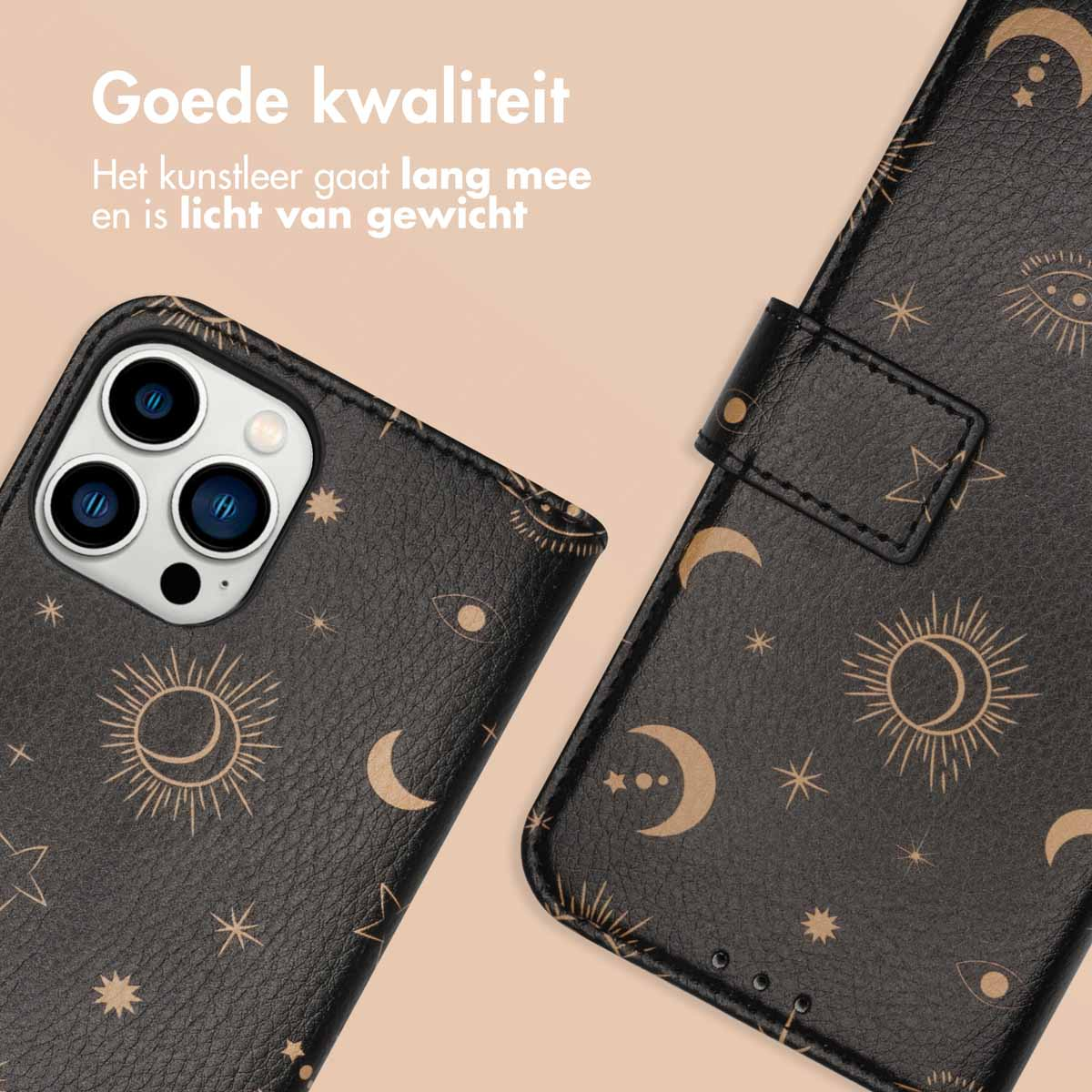Zwarte telefoonhoes met gouden hemelse ontwerpen. Goede kwaliteit. Het kunstleer gaat lang mee en is licht.
