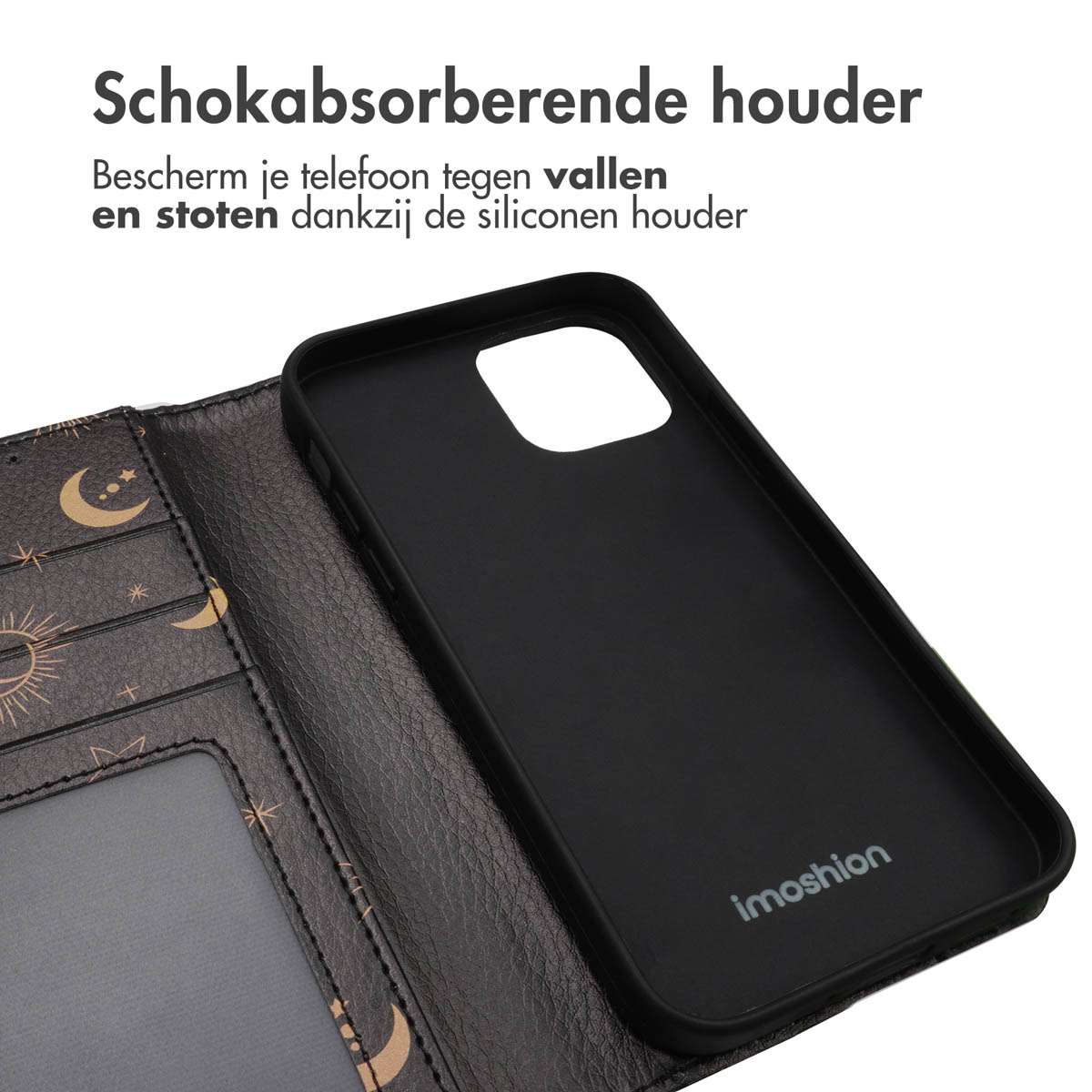 Telefoonhoesje met een telefoon. De hoes is zwart met een bloemmotief. De binnenkant is zwart.