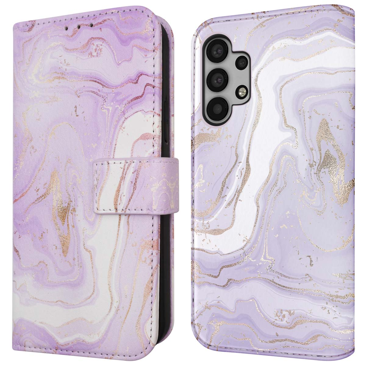 Paarse telefoonhoes met gouden marmerontwerp. De hoes is open met de telefoon erin, die het scherm toont.