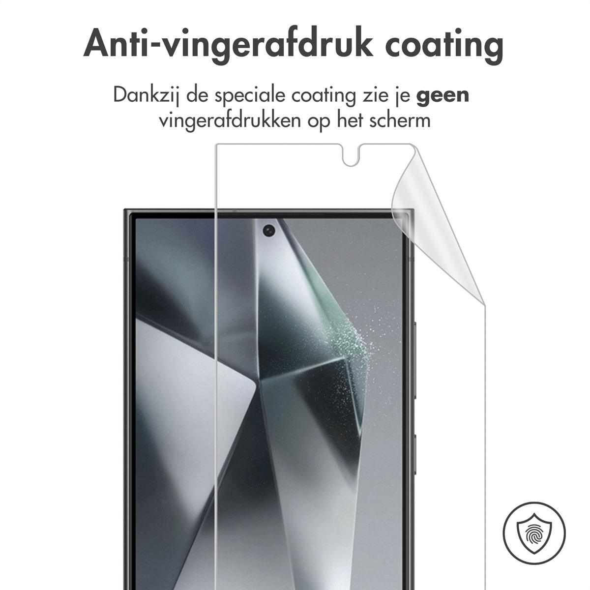 Schermbeschermer voor smartphones wordt op een telefoon aangebracht. Tekst: 'Anti-vingerafdruk coating'.