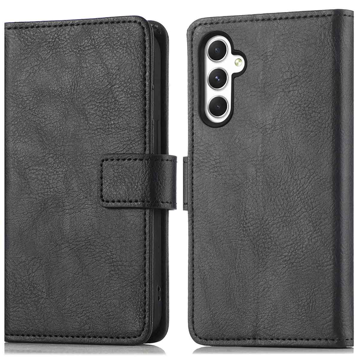 Coque de téléphone en cuir noir, ouverte. Téléphone à droite. L'étui a des détails de couture.