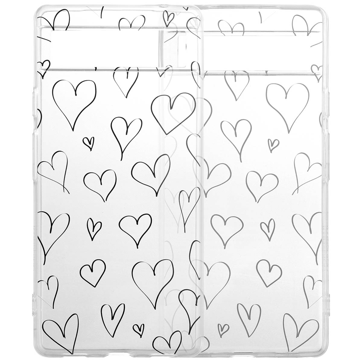 Twee doorzichtige telefoonhoesjes met zwarte hartjeskrabbels.