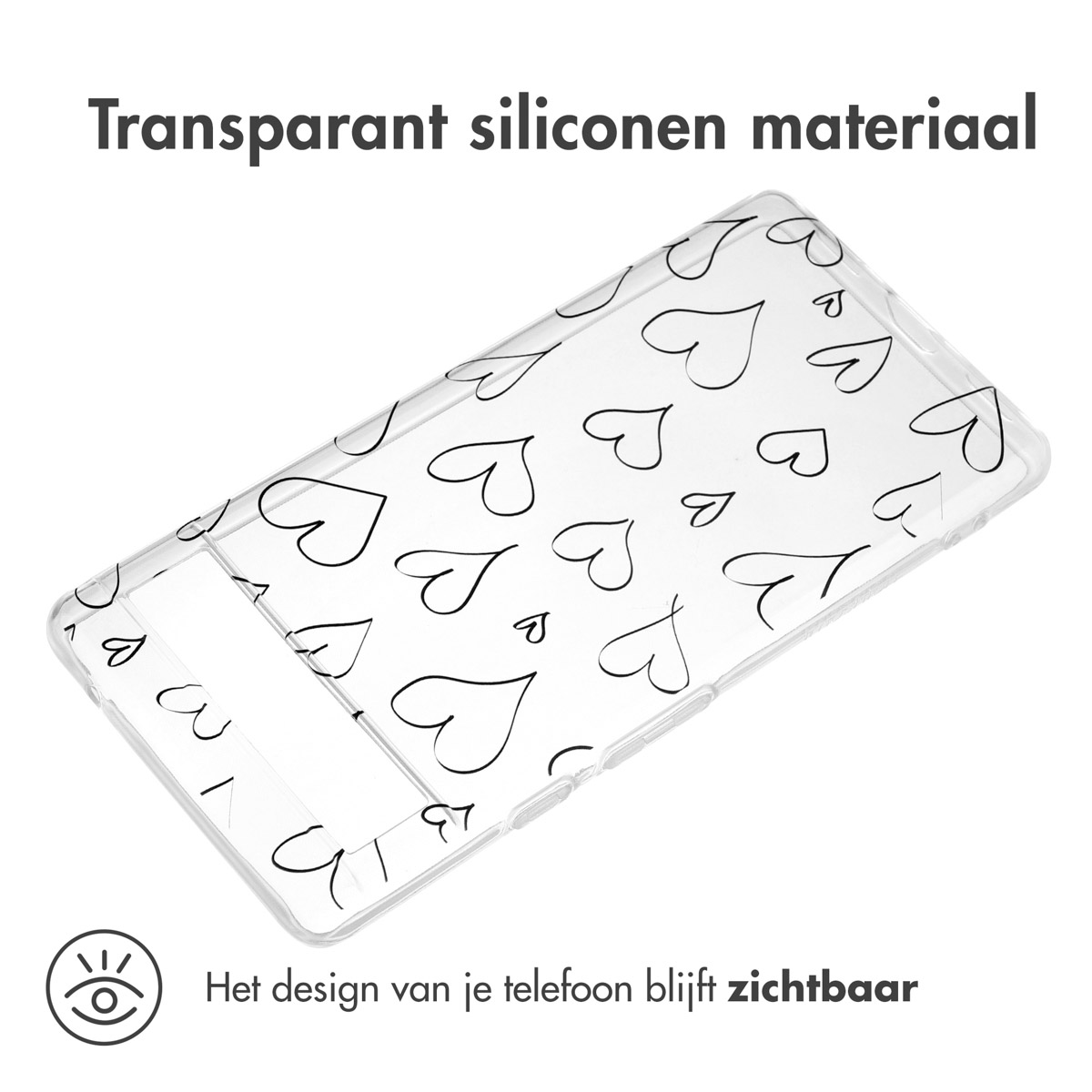 Transparante telefoonhoes met hartjes. Telefoon zit in de hoes.