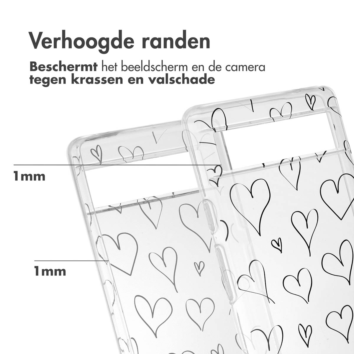 Transparante telefoonhoes met hartjesontwerp. De telefoon zit in de hoes.