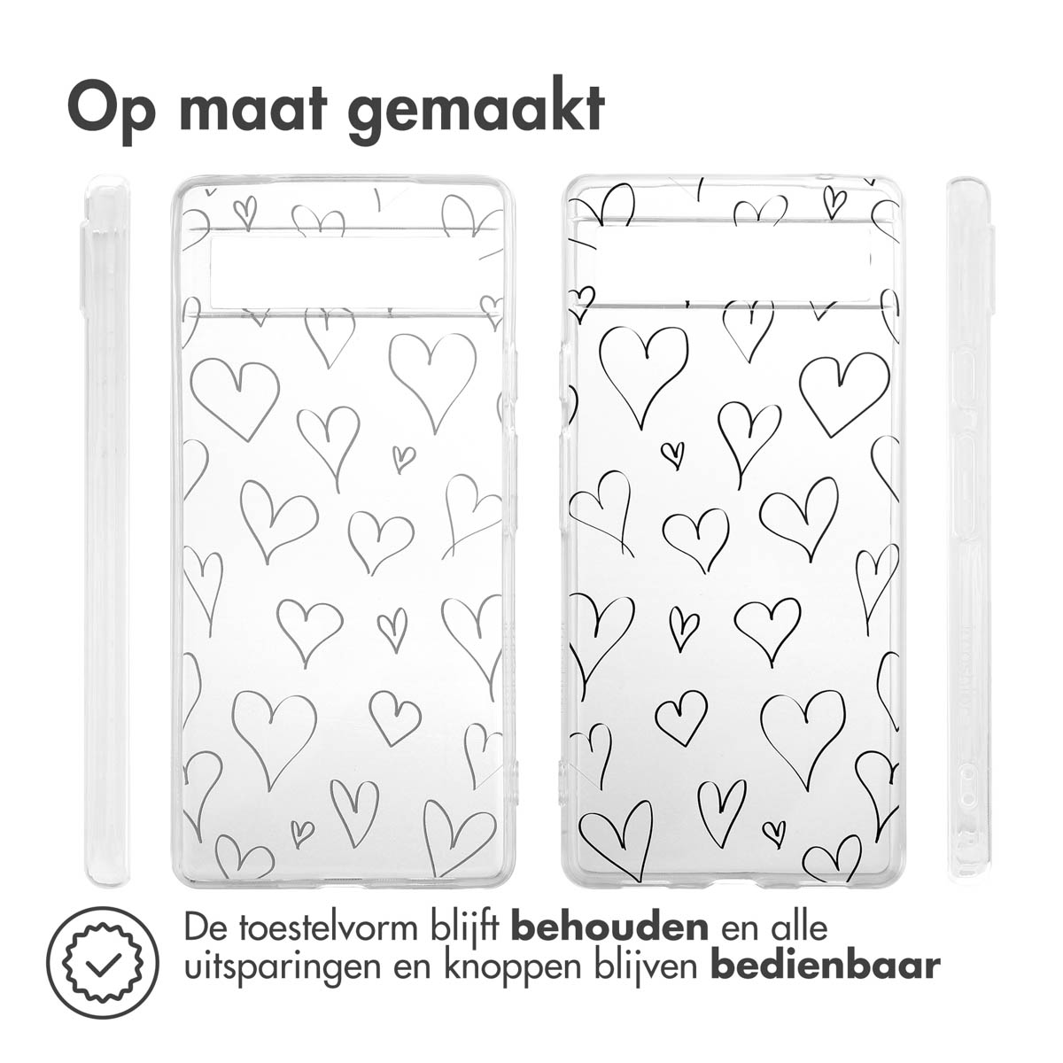 Transparante telefoonhoesjes met hartcontouren, tonen de telefoonvorm.