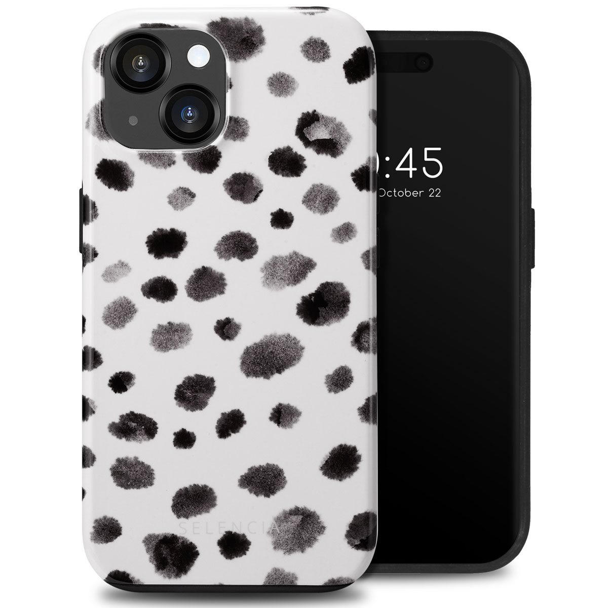 Coque de téléphone avec des taches noires. Téléphone à l'intérieur, vue latérale de la coque. Base blanche avec des taches noires.