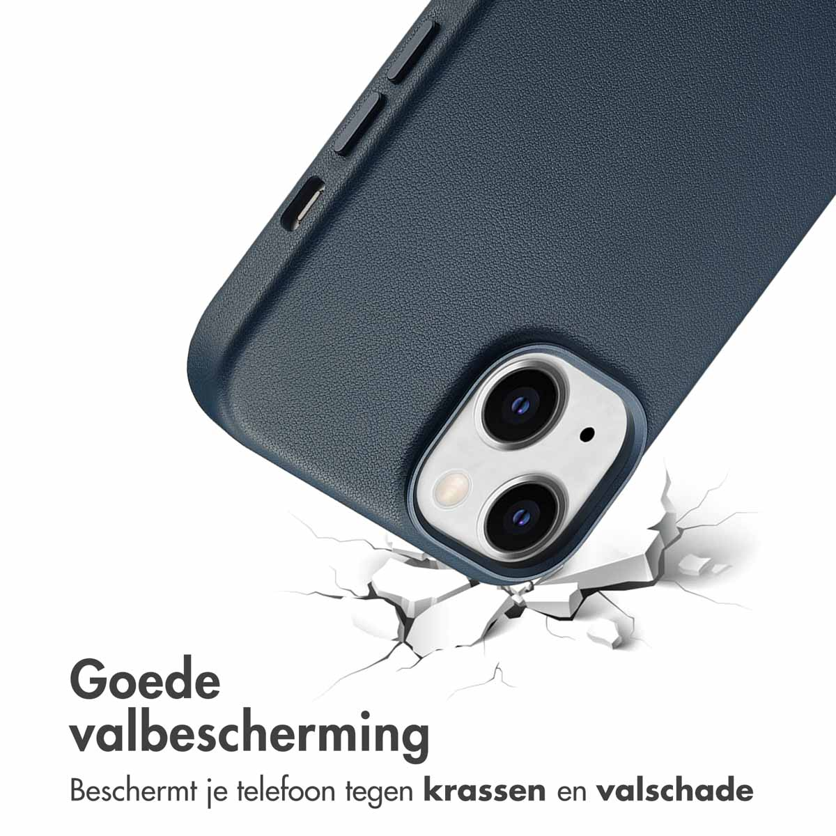 Een blauwe telefoonhoes valt, raakt de grond en versplintert. Tekst: goede valbescherming.